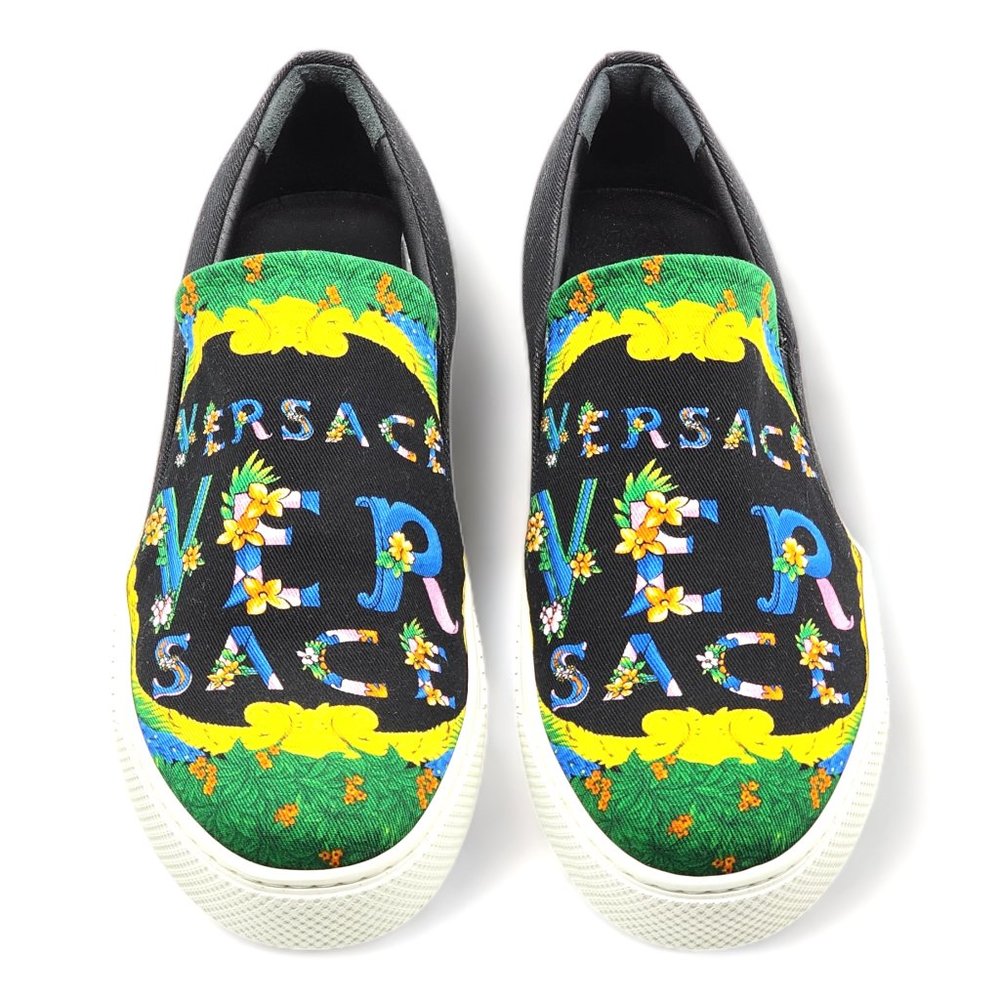Versace Beverly Palm Print Canvas and Leather Sneakers - 40 - Picture 4 of 8